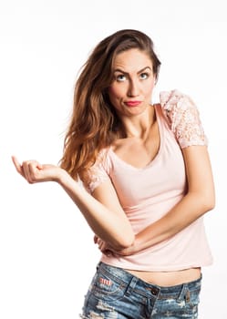 Portrait of a sexy girl having a funny face, isolated on white