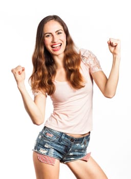 Portrait of a cheerful sexy woman, isolated on white