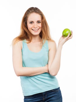 Portrait of a beautiful girl with a green apple, isolated on white