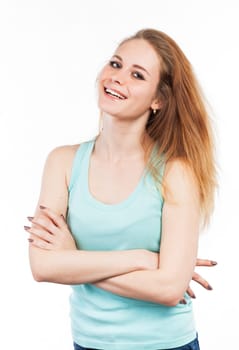 Portrait of a happy girl standing, isolated on white
