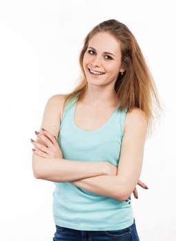 Portrait of a cheerful woman standing, isolated on white