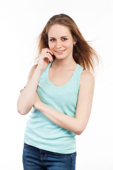 Portrait of a cheerful beautiful young woman, isolated on white