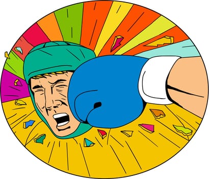 Drawing sketch style illustration of a head of an amateur boxer wearing headgear hit by glove punch viewed from front set inside oval shape.