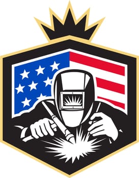 Illustration of welder arc welding viewed from front set inside shield with usa american stars and stripes flag in the background done in retro style.