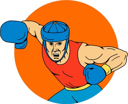 Drawing sketch style illustration of an amateur boxer wearing headgear hitting an overhead punch viewed from front set inside circle shape.