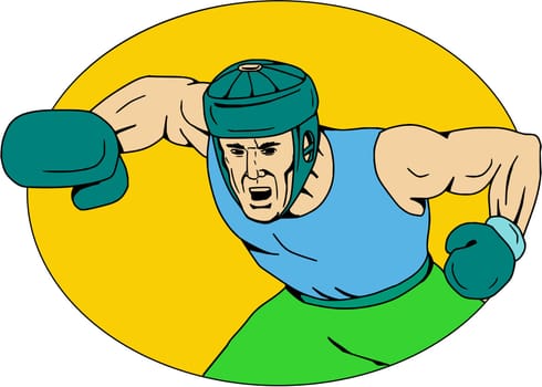 Drawing sketch style illustration of an amateur boxer wearing headgear hitting a knockout punch viewed from front set inside oval shape.