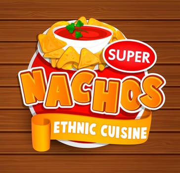Nachos ethnic cuisine logo and food label or sticker. Concept of mexican food, traditional product design for shops, markets.Vector illustration.