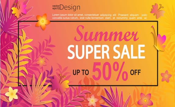 Summer super sale card with butterflies, flowers and tropical leaves. Vector illustration.