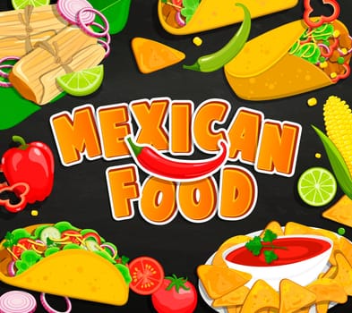 Concept of traditional Mexican Food, Tamales, Burrito, Nachcos, Taco with vegetables and sauce. Vector illustration.