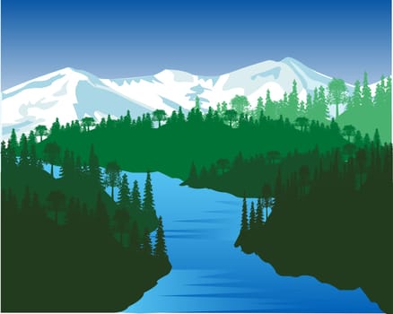 Landscape with river in wood and snow mountains