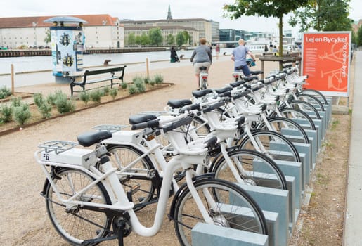 COPENHAGEN, DENMARK - JULY 31, 2016: Row of white rental Go-bikes, which can be hired per hour
