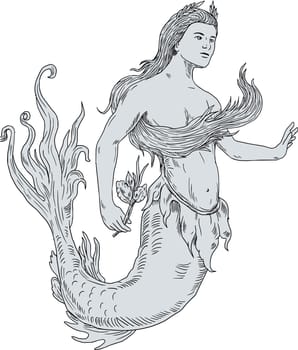 Drawing sketch style illustration of a vintage mermaid holding flower looking to the side set on isolated white background.