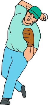 Illustration of an american baseball player pitcher outfilelder in throwing ball motion set on isolated white background done in cartoon style.
