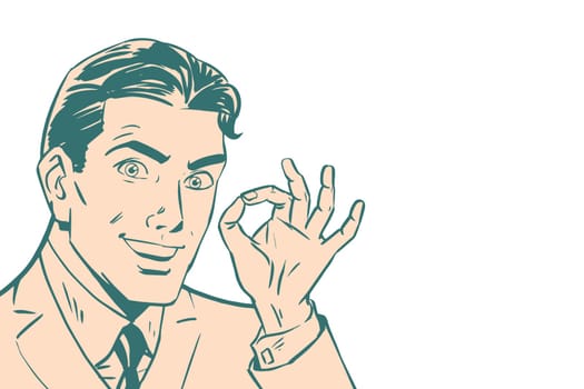 OK gesture of businessman, isolated background, pop art retro vector illustration. OK sign