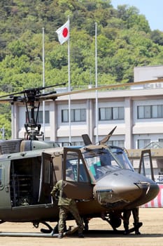 Kagawa, Japan - April 23, 2017: helicopter of Japanese air force landing at Zentuji air force base