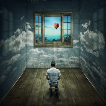 Abstract idea with a person sitting in a cloudy room looking to a opened window to another better and colorful world. Way to success symbol. Another reality concept