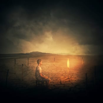 Surrealist concept as a man, sitting on a chair in the middle of a desert, looking at a single burning matchstick through a set of another extinguished, burnt matches.