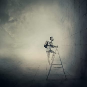 Abstract idea with a person climbing a ladder, in front of a concrete wall with no exit. Surrounded by limitations, daily routine.