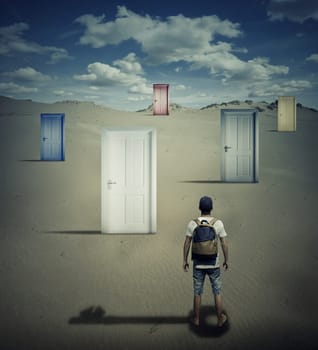 Conceptual image with a person standing in front of different closed doors, dropping a key shadow, choosing which one to open.