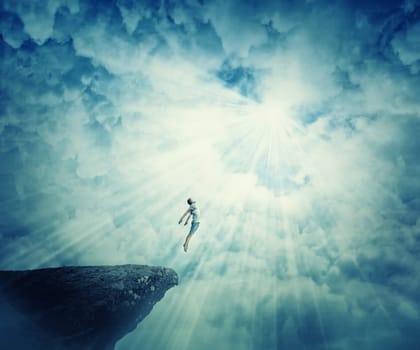 Young boy astral travel, mystical rapture state psychokinesis condition. Magic soul energy show human illusion. Mysterious place into the clouds