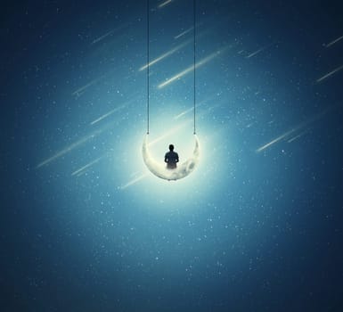 Surreal background with a lonely boy sitting on a crescent moon, as a swing, over a starry night sky