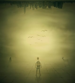 Surrealistic image with a man standing in a foggy street below a city buidings choosing the correct way