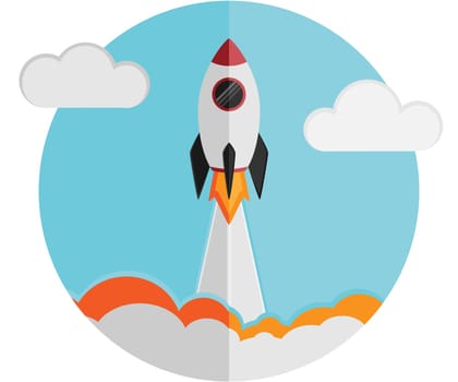 Illustration of a rocket ship launch in flat design vector style. Space travel, symbolizing business start or a new project development process. Innovative product, creative idea and management concept.