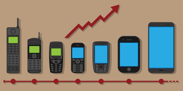 Mobile phone evolution, vector concept in flat style, with the history scale and economic graph. Telephone communication progress.