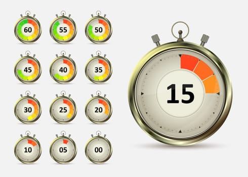Golden digital timers countdown. Realistic chronometer with different times, vector illustration isolated on white background. Time management symbol.