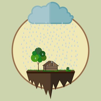 Flying island with a house and tree as farm oasis below a cloud with falling rain drops. Vector illustration, environmental concept.