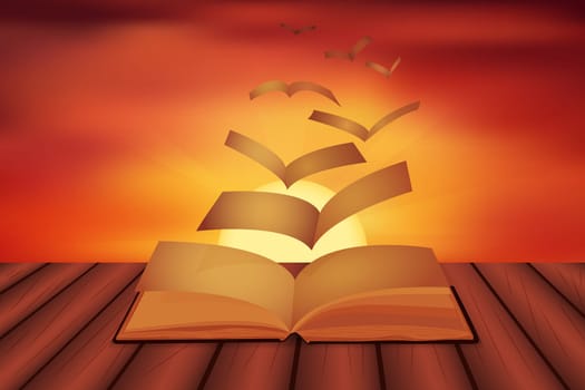 Vector illustration as pages flying out of a book and transform into magic birds, escape on a sunset background. Learning and education concept.