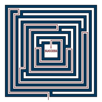 Vector illustration of square maze with the solution as a red line to success. Rectangle labyrinth isolated on white background.