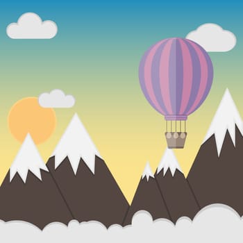 Purple hot air balloon flying over the mountains. Flat design, vector illustration.
