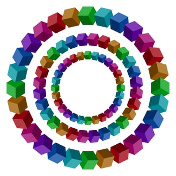 Circles constructed of a lot of colorful vector blocks. Isometric cubes for impossible 3d designing. Mathematical object with mental trick. Penrose optical illusion of brain.