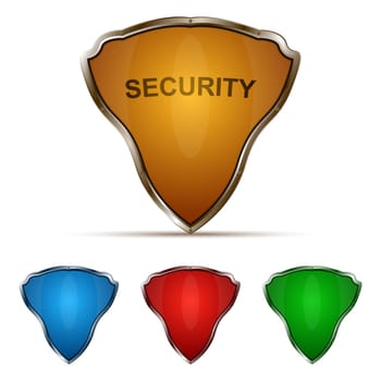 Protection shield set isolated on white backgound. 3D vector illustration, security and safety concept.
