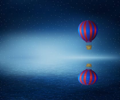 Vector illustration as a hot air balloon flying over the a cold dark blue ocean. Wonderful landscape with a starry night sky background reflect in water.