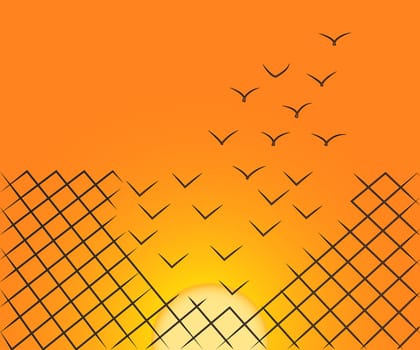 Vector illustration of a wire mesh fence transforming into birds flying away over the sunset sky. Freedom, courage and success concept.