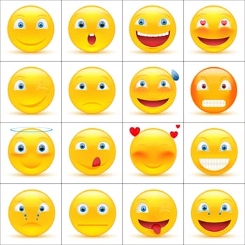 Set of emoticons, smiley faces icons or yellow emoji with different facial expressions in glossy 3D realistic, isolated on white background. Vector illustration.