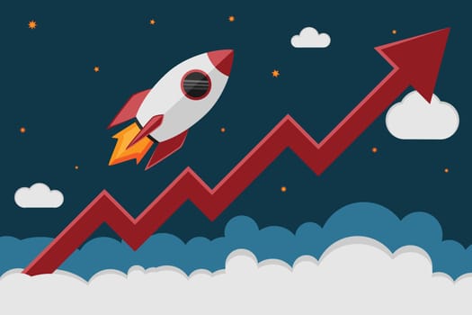 Rocket ship take off in cosmos and a red graph increase. Business launch and development, the growth of the economy, new project investments up.