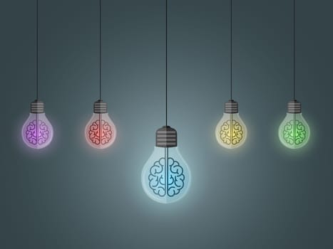 Row of hanging, creative colored, light bulbs with brain inside glowing. Business idea concept. Vector illustration.