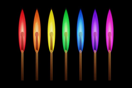 Matches burning in the flames of the rainbow colors on black background. Vector illustration, business individuality concept, different thinking symbol.