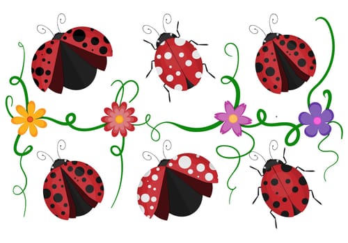Ladybird beetles with shiny red and black spotted wing, vector pattern of crawling ladybugs and colorful flowers isolated white background.