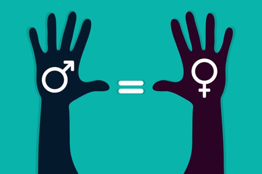 Colorful hands with male and female symbol. Human rights, gender equality symbol. Vector illustration.