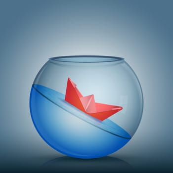 Abstract idea as a red paper origami boat float in a glass bowl with water. Surrounded by the fish tank limitation, nowhere to go. Vector conceptual illustration.