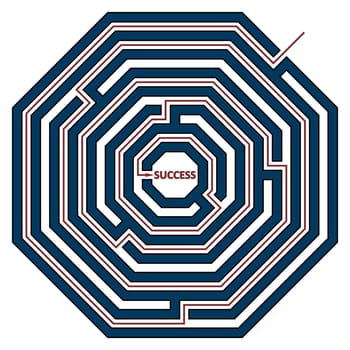 Vector illustration of a octagon maze with the solution as a red line to success. Labyrinth isolated on white background.