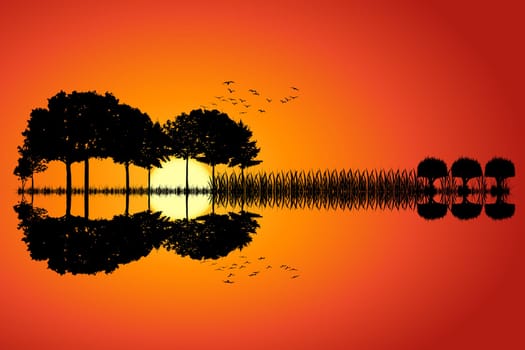 Trees arranged in a shape of a guitar on a sunset background. Music island with a guitar reflection in water. Vector illustration design.