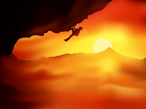 Silhouette of climber without insurance going up on a cliff against beautiful orange sunset above the clouds. Vector illustration, concept of motion motivation inspiration