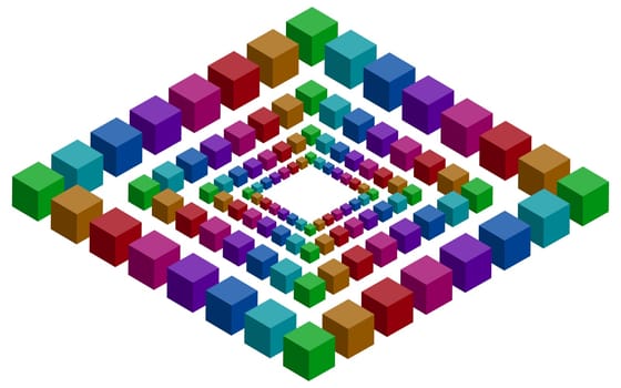 Rhombs constructed of a lot of colorful vector blocks. Isometric cubes for impossible 3d designing. Mathematical object with mental trick. Penrose optical illusion of brain.