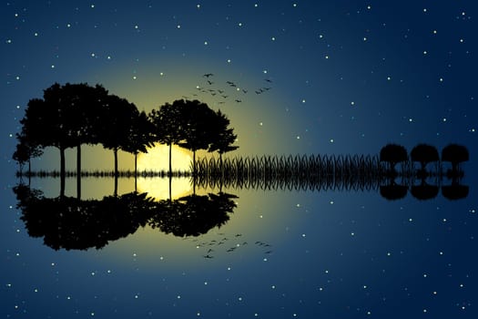 Trees arranged in a shape of a guitar on a starry sky background in a full moon night. Music island with a guitar reflection in water. Vector illustration design