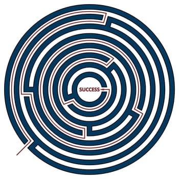 Vector illustration of round maze with the solution as a red line to success. Circle labyrinth isolated on white background.
